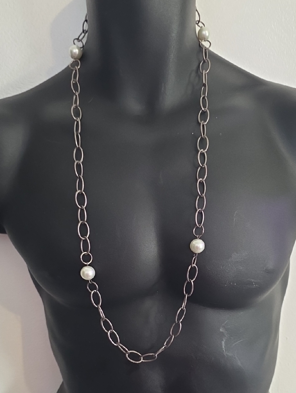 Classic Long Silver Chain Necklace with White Pearls